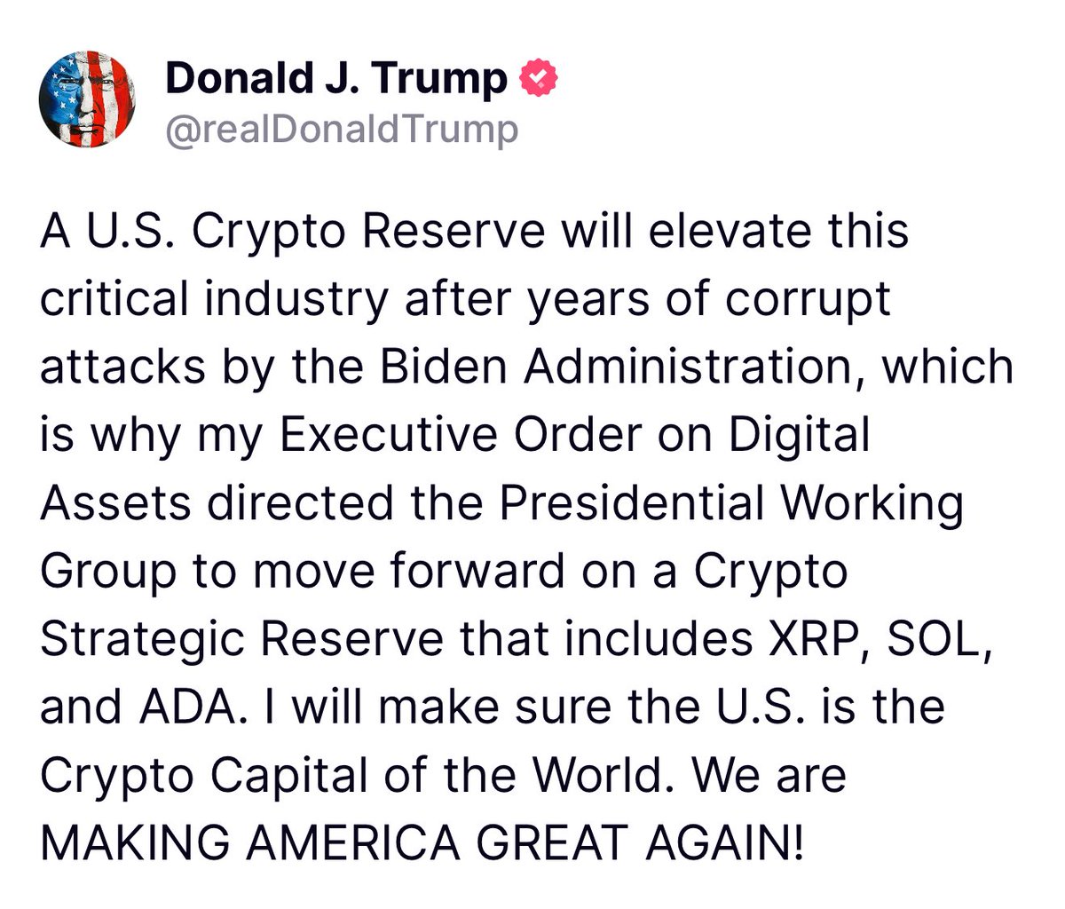 Trump Announces U.S. Crypto Reserve Including XRP, SOL, and ADA to Bolster Digital Assets