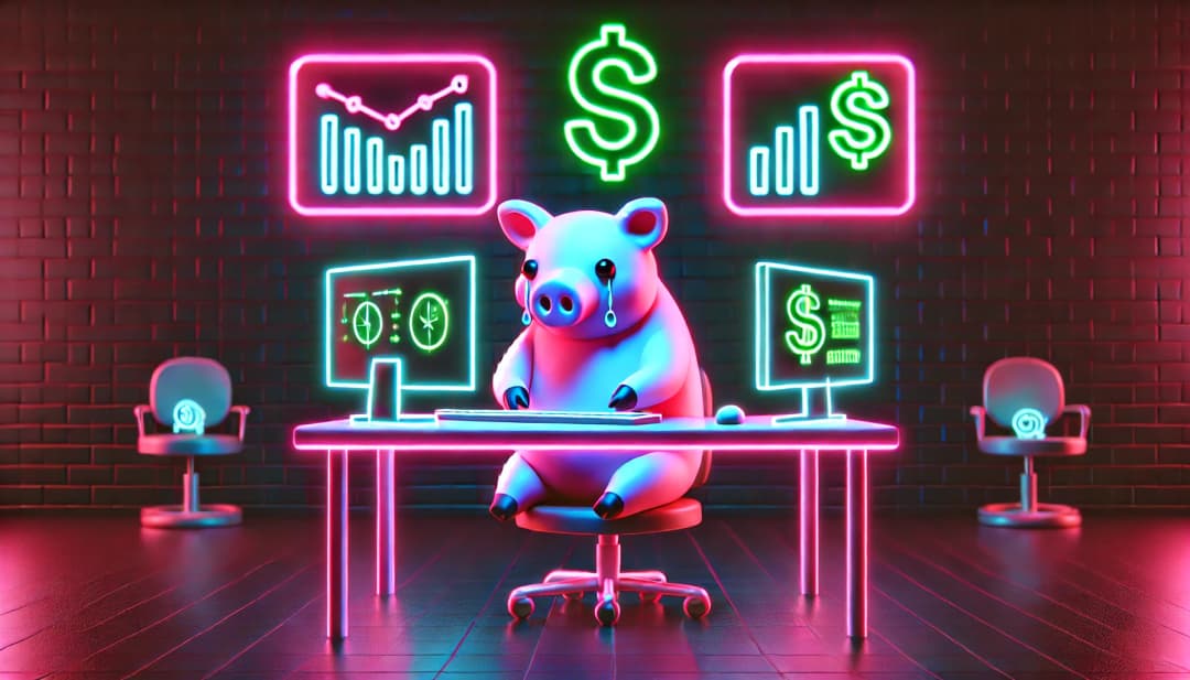 sad pig sitting at a desk with charts on screens