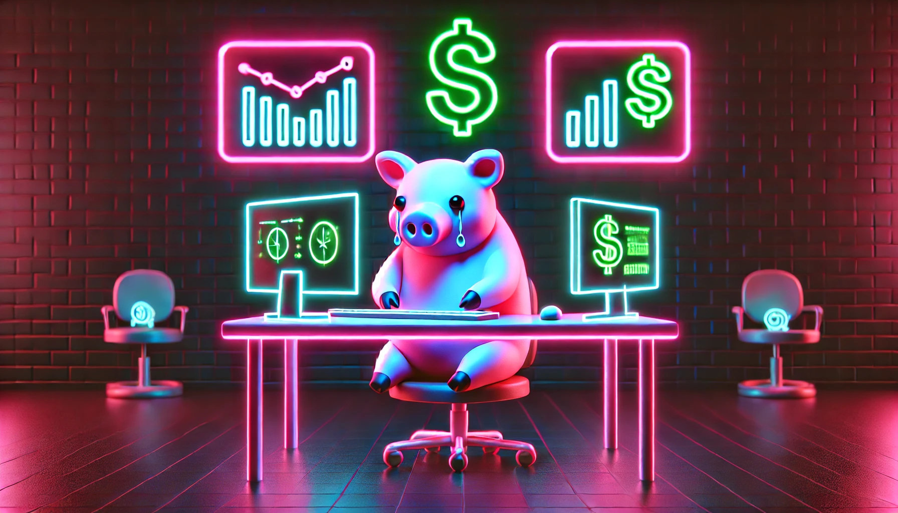 sad pig sitting at a desk with charts on screens