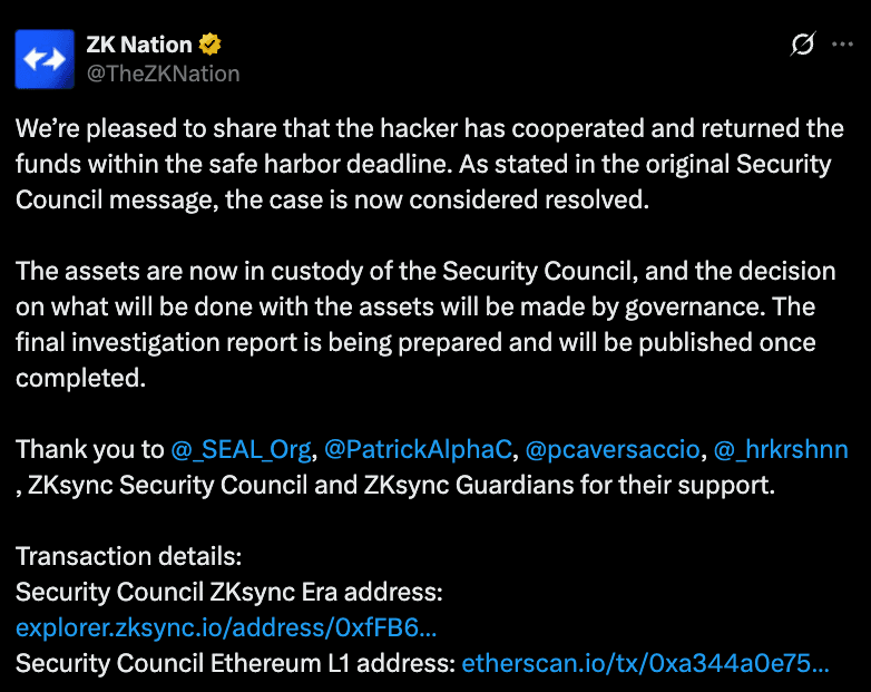 Matter Labs Sued Over ZKSync IP; $5.7M Stolen Tokens Recovered After April 15 Hack, Now in Security Council Custody
