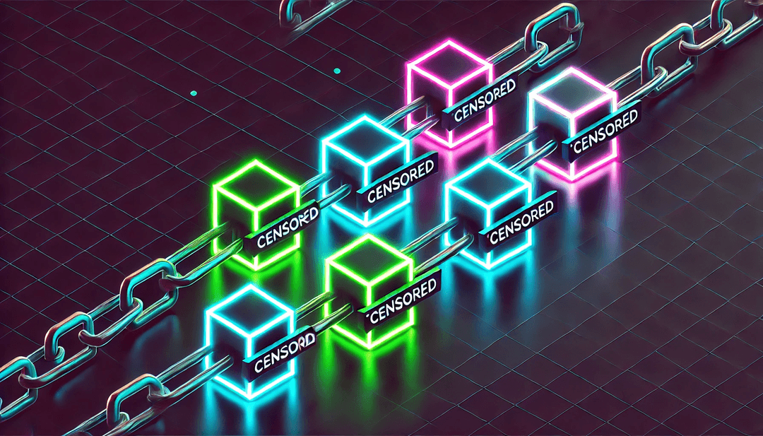 minimalistic depiction of censored transactions in a blockchain using neon colors