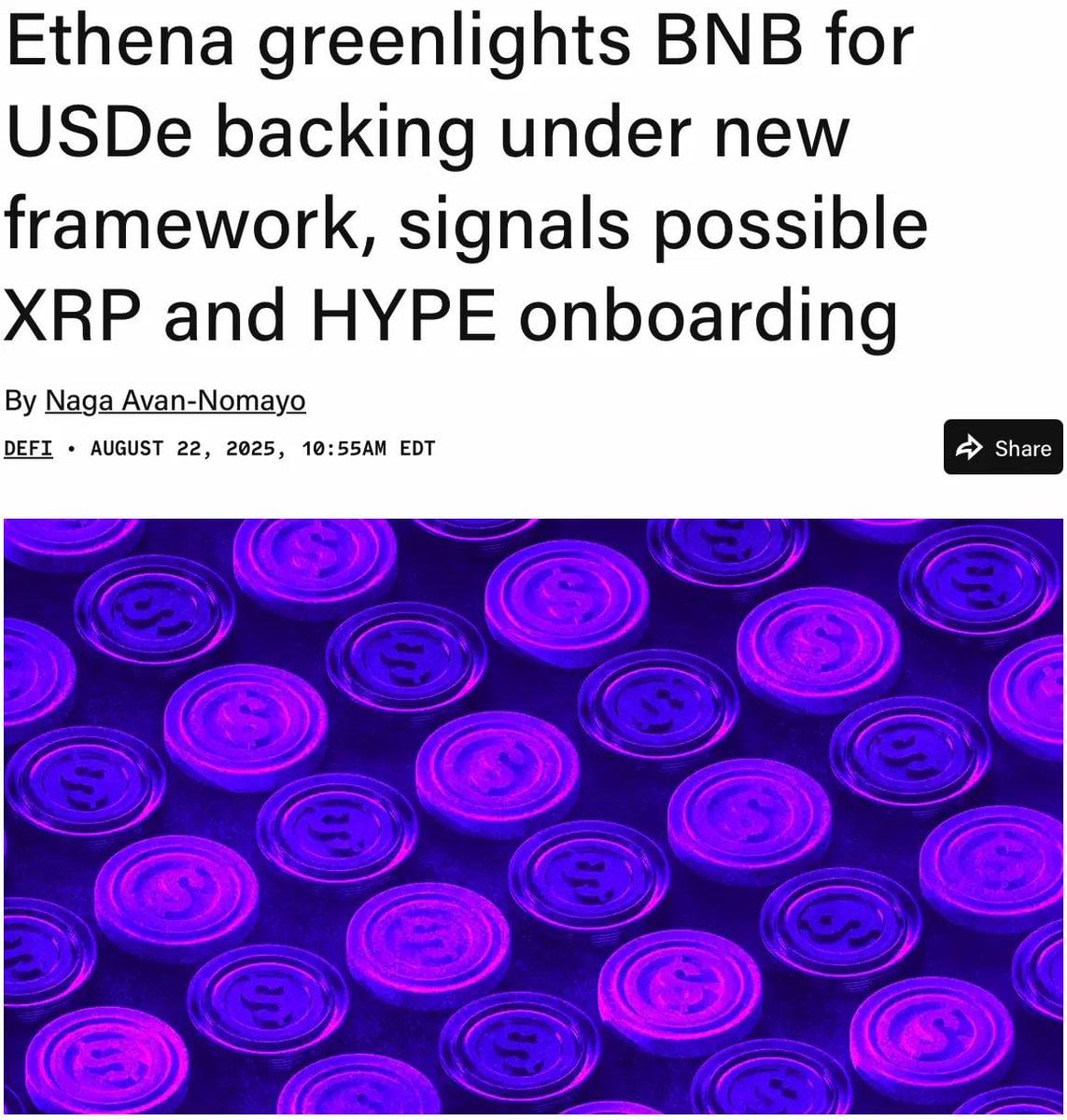 Ethena Labs Launches Eligible Asset Framework, Approves Binance Coin to Back USDe Perpetual Futures with Potential XRP and HYPE Onboarding