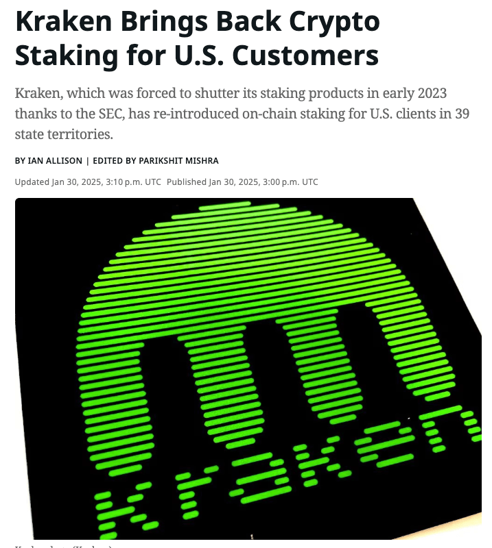 Kraken Reintroduces Staking for U.S. Customers in 39 States After SEC Settlement