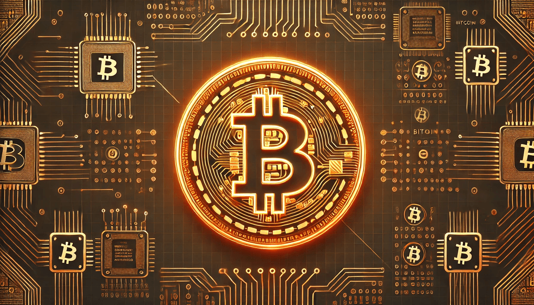 Bitcoin logo over a background of tech chips and code in orange neon hues