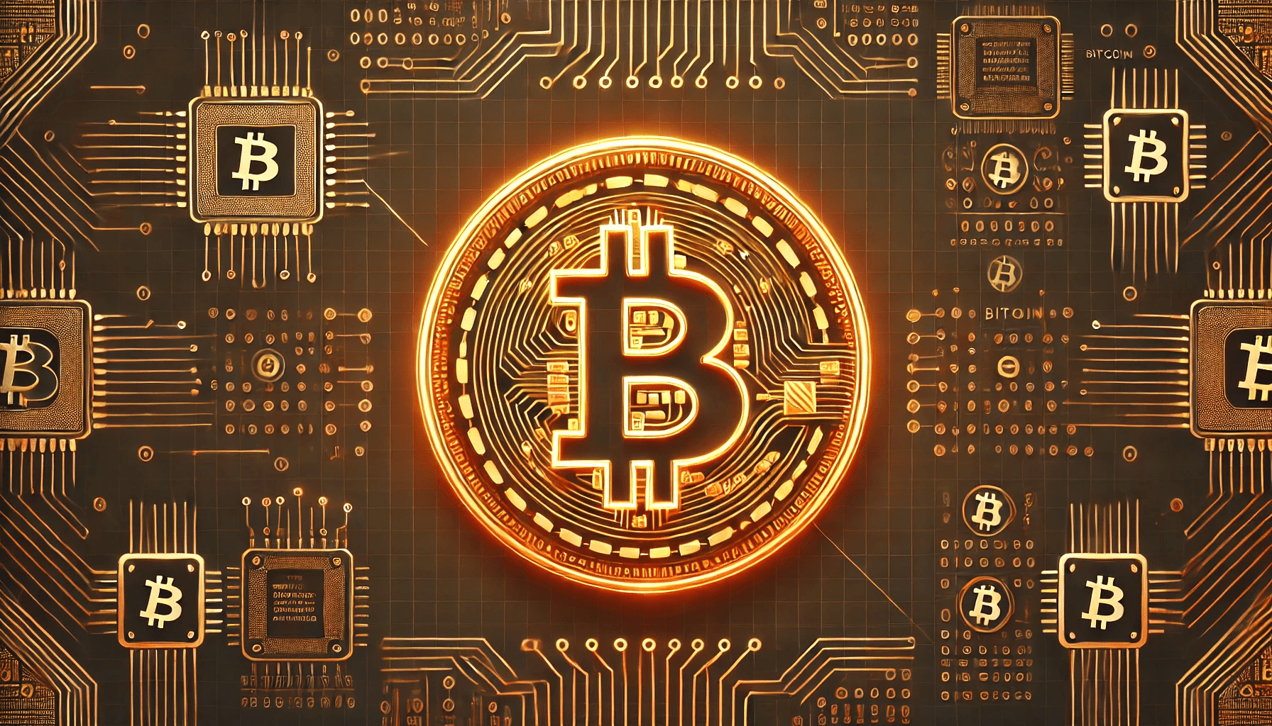 Bitcoin logo over a background of tech chips and code in orange neon hues