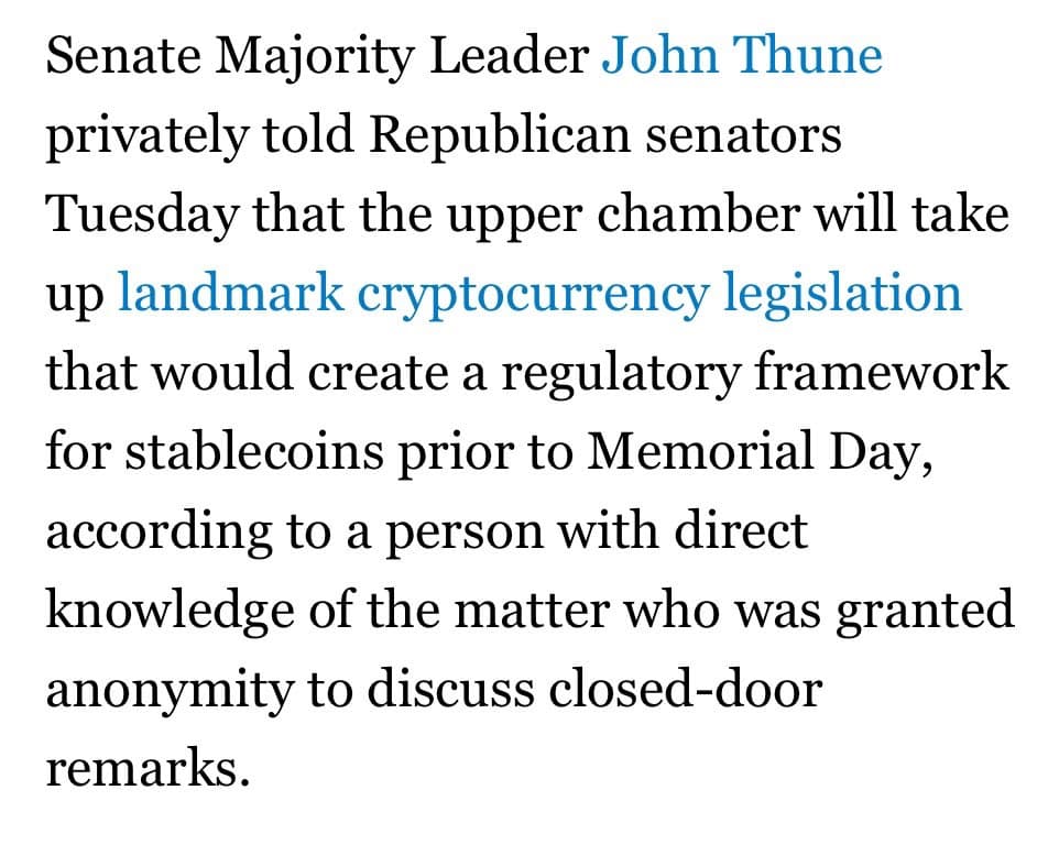 U.S. Senate to Vote on GENIUS Act Stablecoin Legislation with Reserve Requirements by May 26, 2025