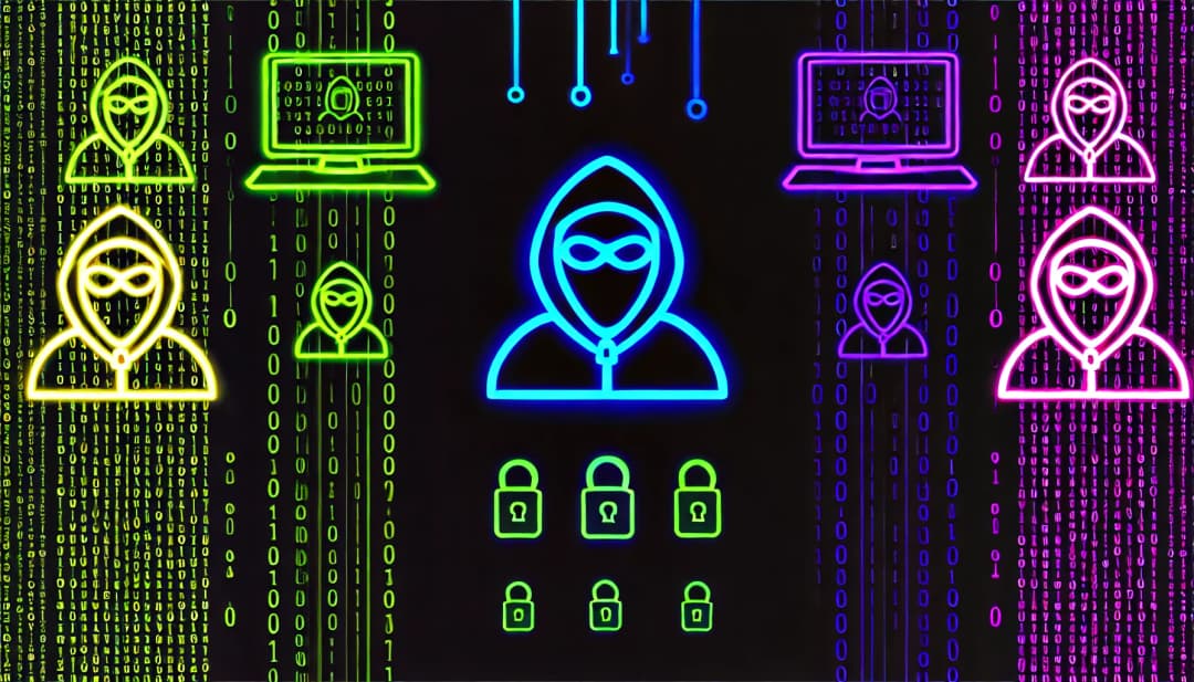 symbols with hooded figures, computer screens, and binary codes