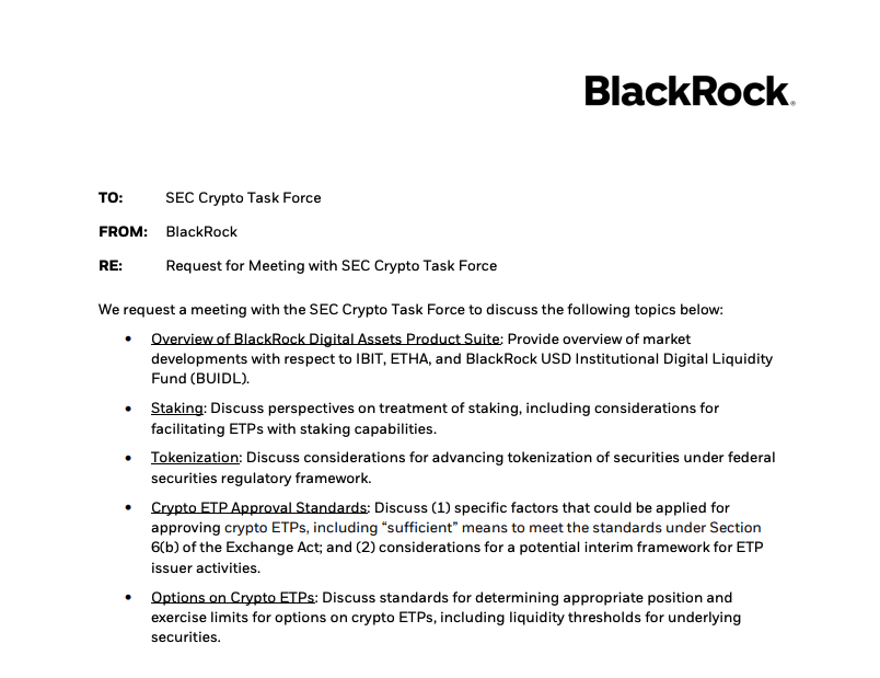 BlackRock $10 Trillion Asset Manager Meets SEC Crypto Task Force on Staking, Tokenization, Options, and Crypto ETF Approval