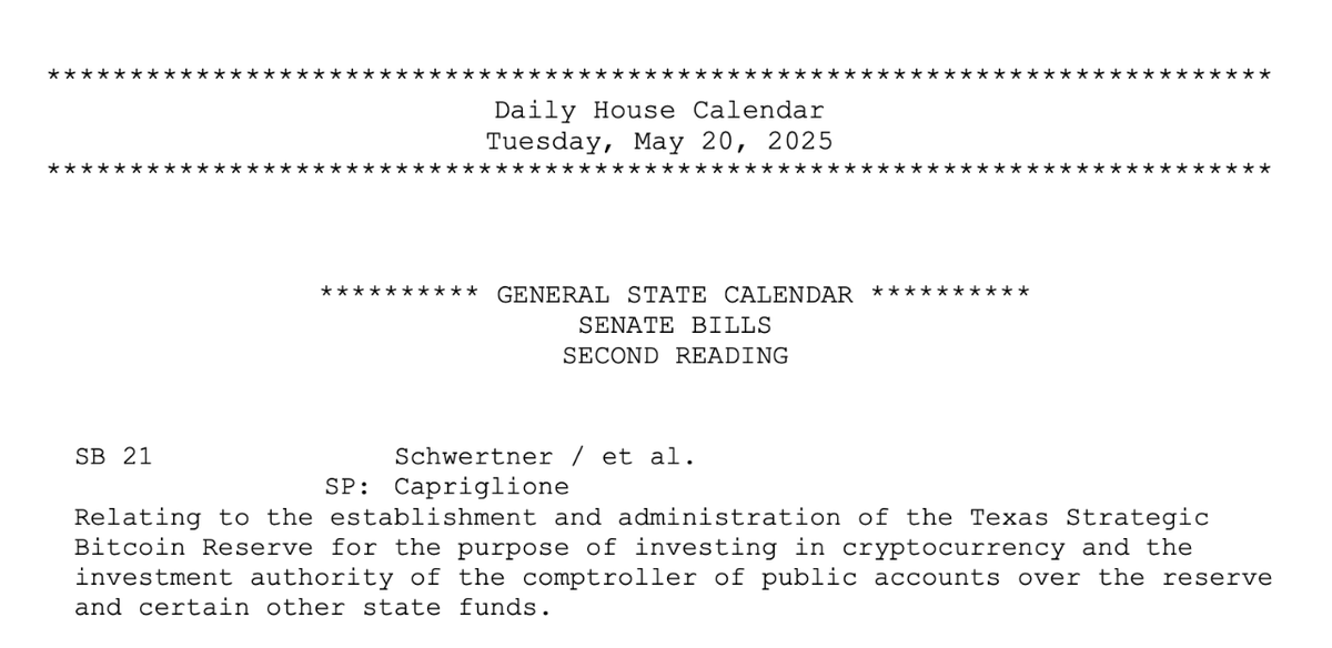 Texas Senate Bill 21 Set for May 20 Vote on Strategic Bitcoin Reserve as White House Considers Gold for Bitcoin