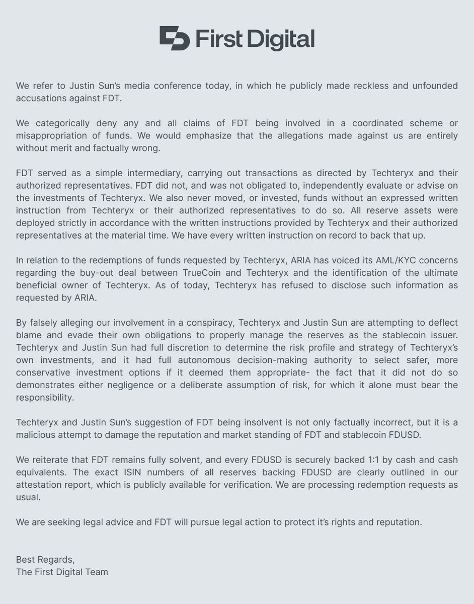 Justin Sun Accuses First Digital Trust of $500M Misappropriation, Prompting FDUSD Depeg and TUSD Bailout