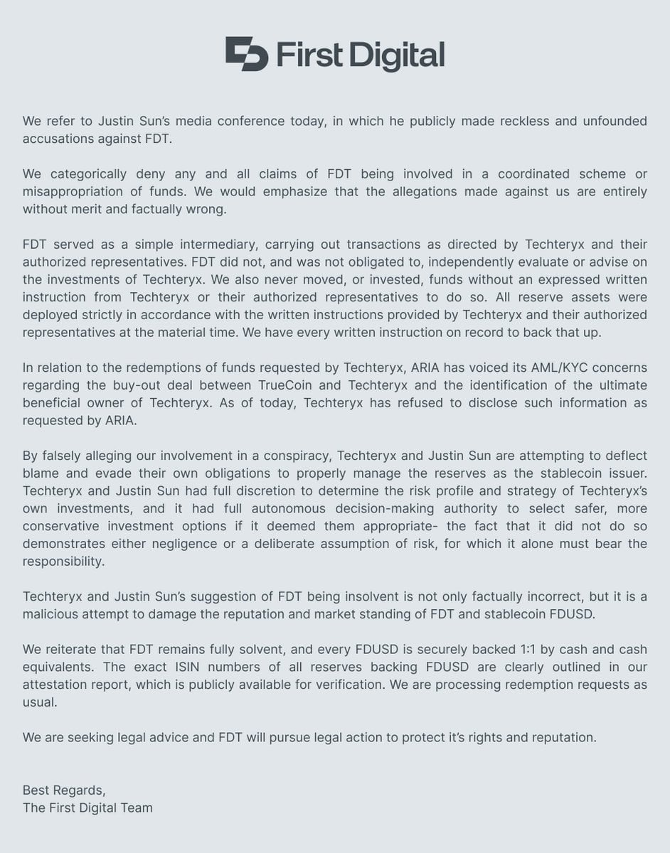 Justin Sun Accuses First Digital Trust of $500M Misappropriation, Prompting FDUSD Depeg and TUSD Bailout