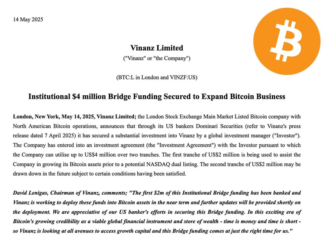London-Listed Vinanz Raises $4 Million Institutional Bridge Funding Including $2 Million Bitcoin Acquisition Ahead of Nasdaq Dual Listing