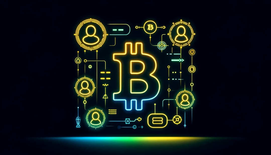 abstract representations of digital identities and cryptographic elements, interconnected with the Bitcoin logo