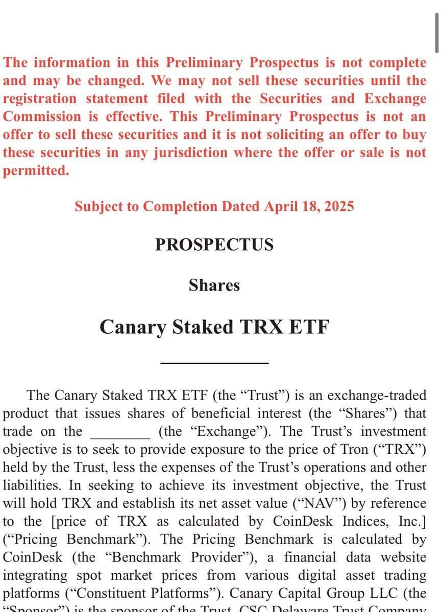 SEC Acknowledges Canary Capital’s Filing for Staked Tron (TRX) ETF