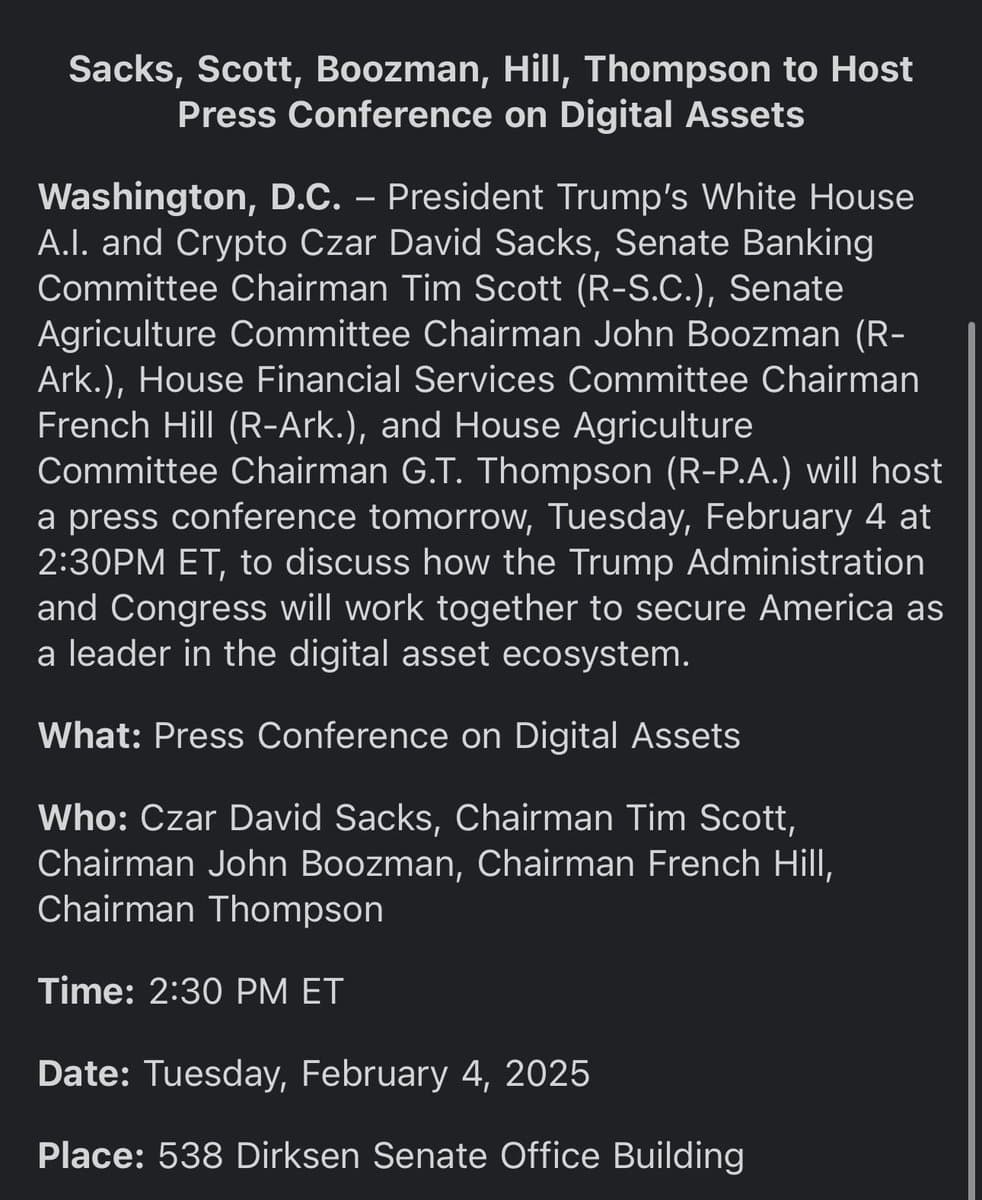 Trump's AI and Crypto Czar David Sacks to Detail U.S. Digital Asset Leadership Plan on February 4