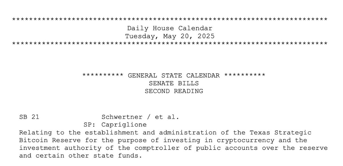 Texas House to Review SB21 Bitcoin Reserve Bill; Committee Faces May 24 Deadline