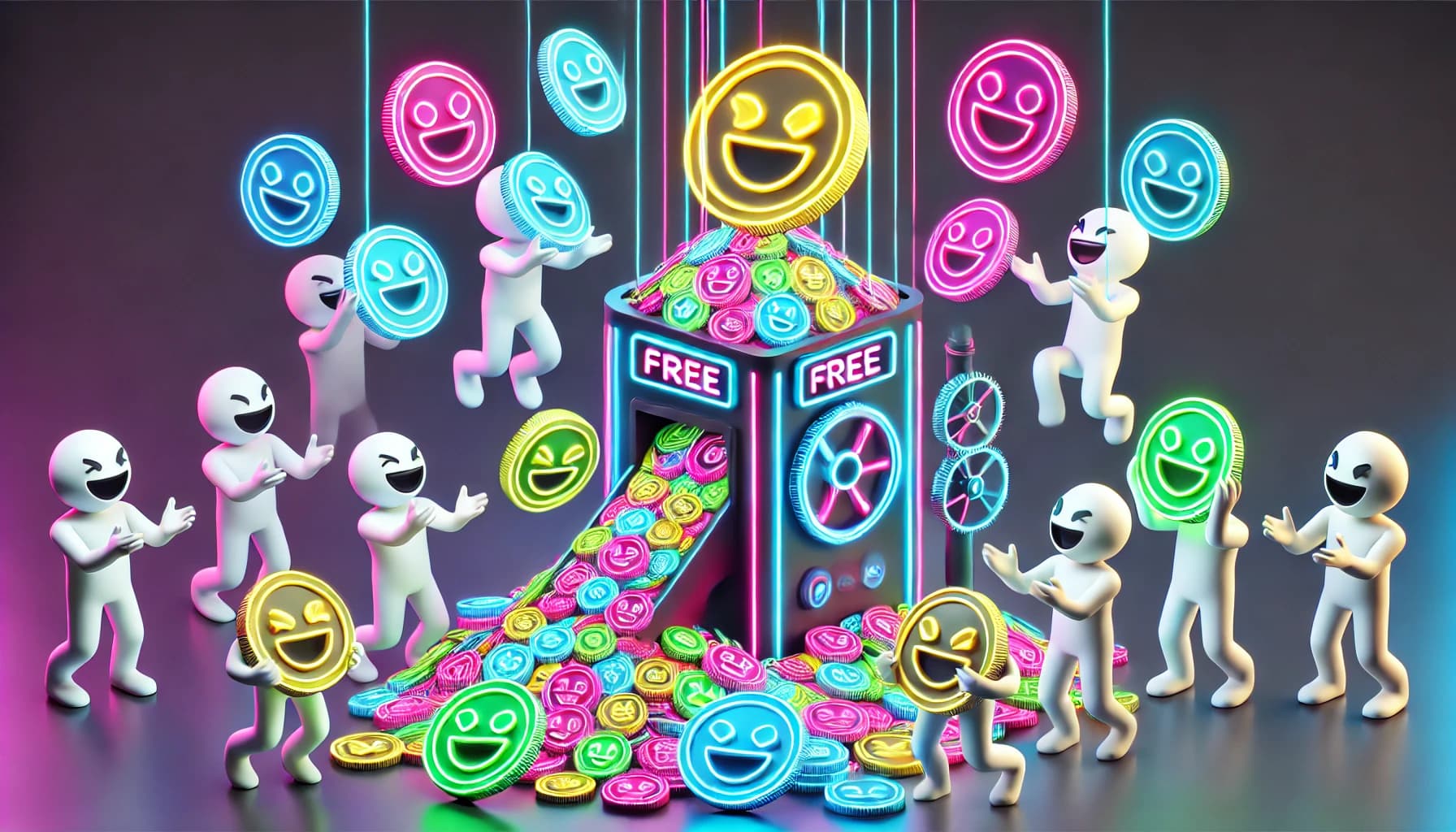people standing around a machine churning out free memecoins