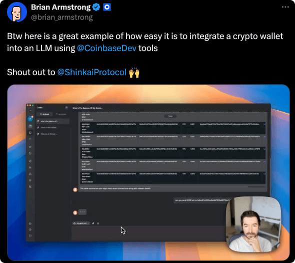 Coinbase’s Co-founder & CEO, Brian Armstrong, tweeting about Shinkai
