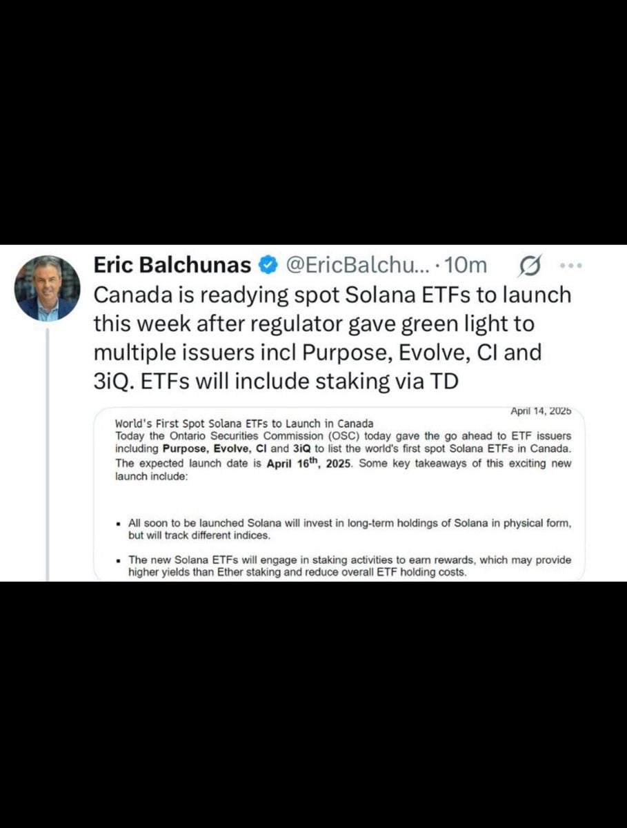Canada to Launch World's First Spot Solana ETFs with Staking on April 16
