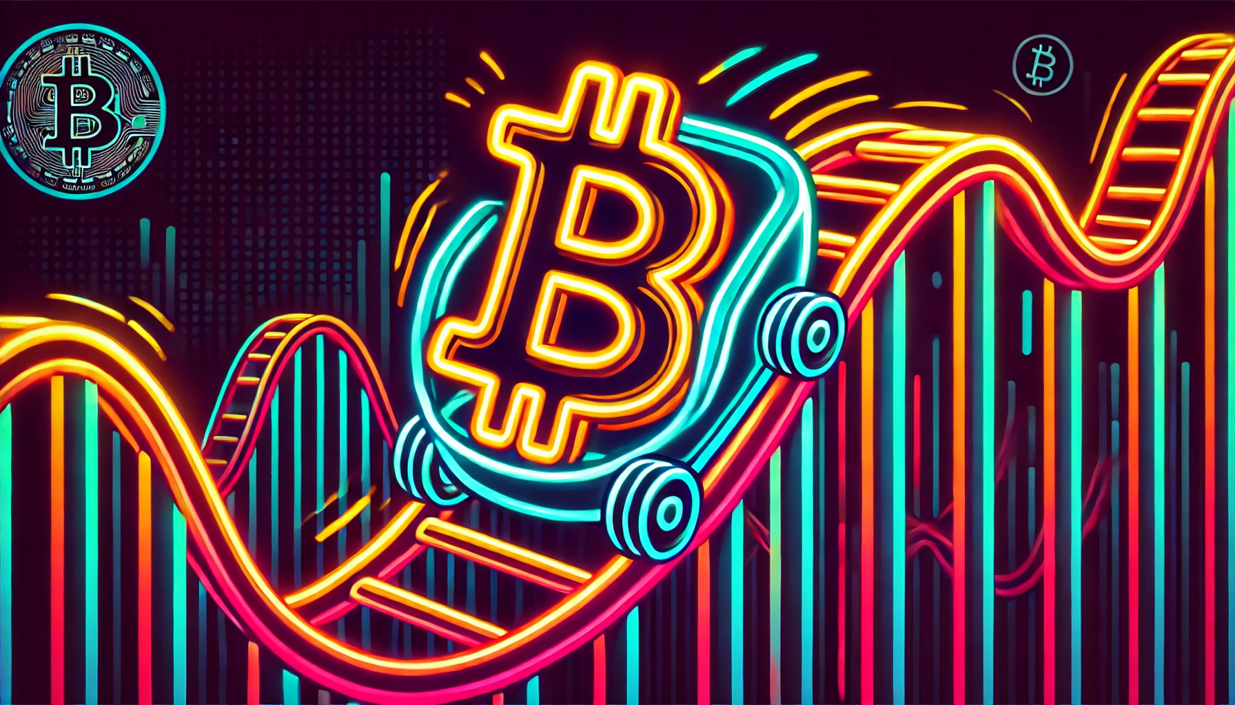 Bitcoin symbol on a rollercoaster in neon colors