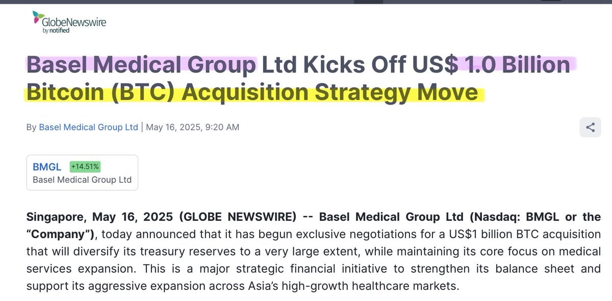 Basel Medical Group Plans $1 Billion Bitcoin Acquisition to Diversify Treasury and Support Asia Expansion