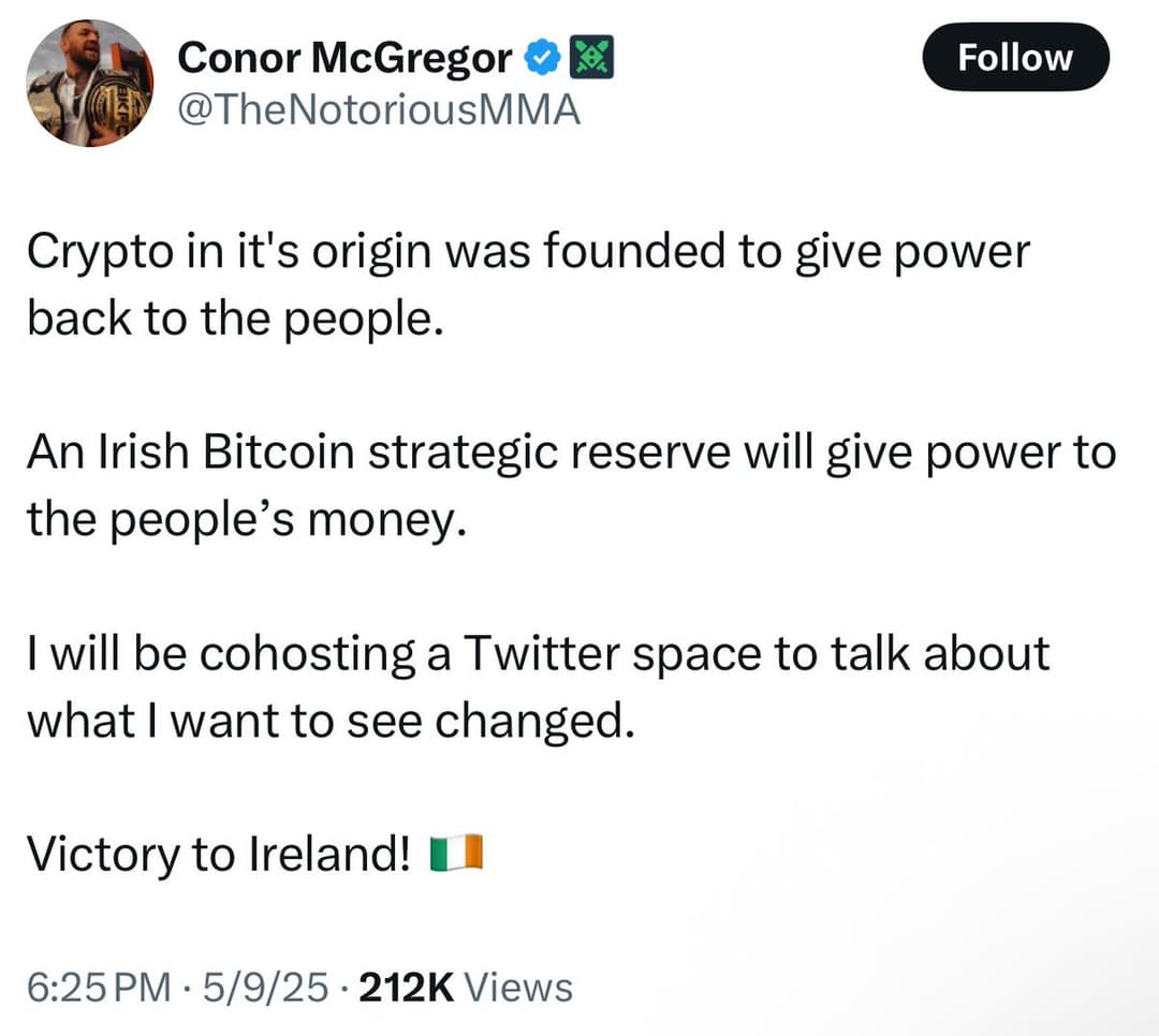 UFC Champion Conor McGregor Calls for Ireland to Create Strategic Bitcoin Reserve