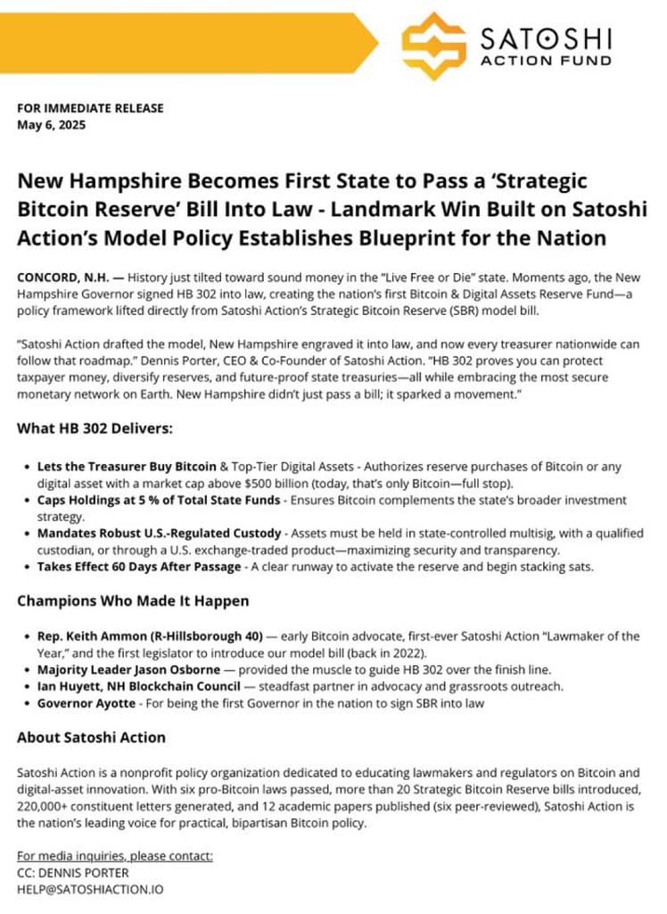 New Hampshire Passes HB 302, Allocating Up to 5% of Funds to Bitcoin in 60 Days