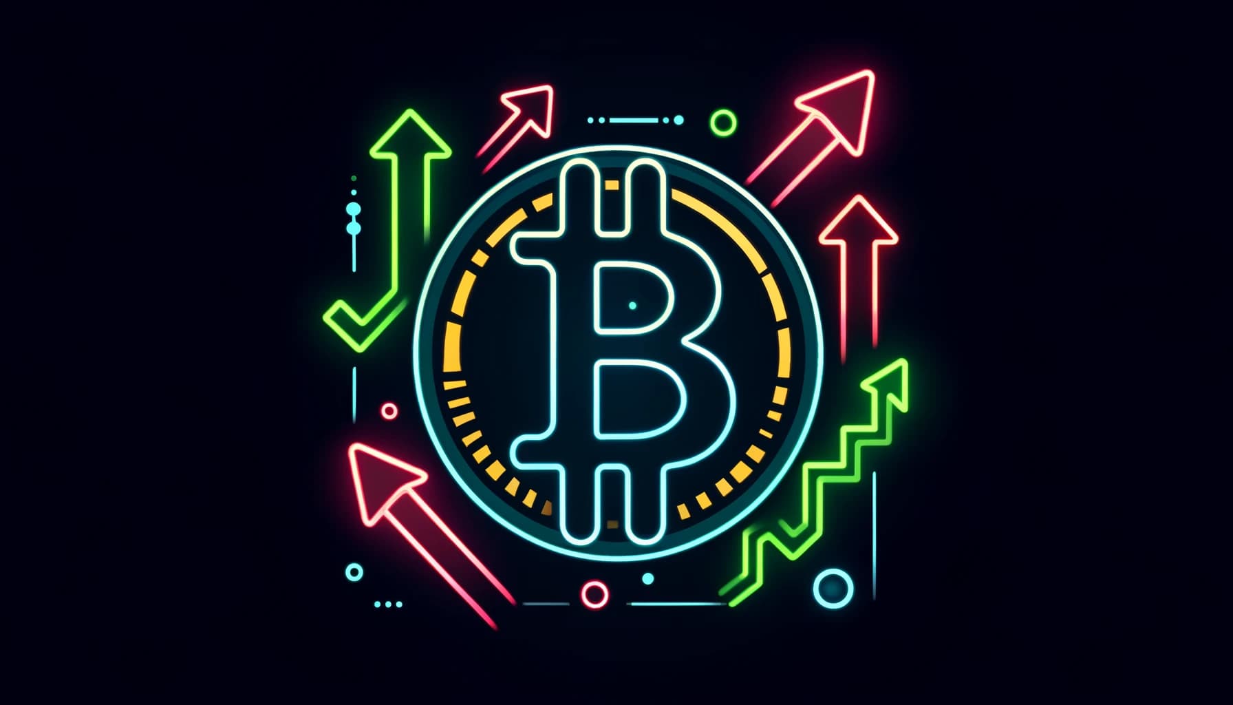 Bitcoin symbols with fluctuating arrows in neon colors
