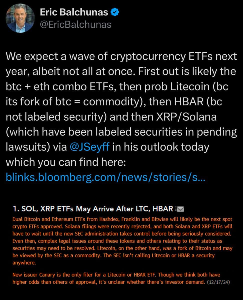 Bloomberg Analyst Predicts 2024 Wave of Crypto ETFs Starting with BTC, ETH, Litecoin, HBAR, XRP, and Solana