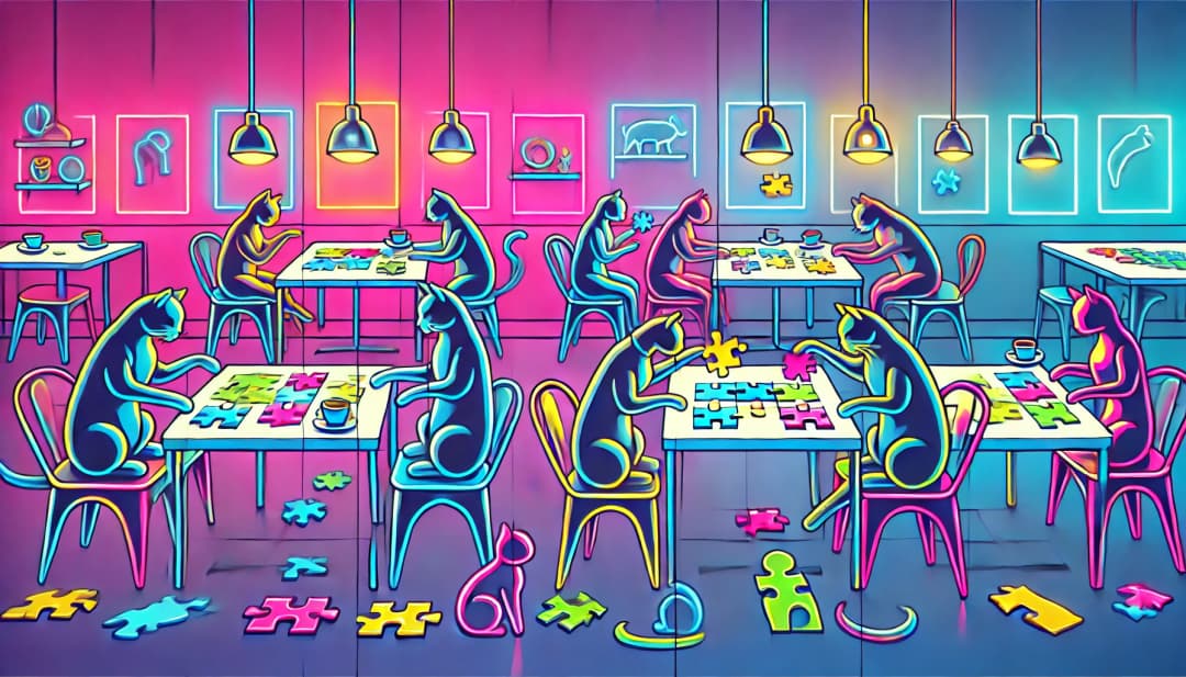 cats solving puzzles in a cafe