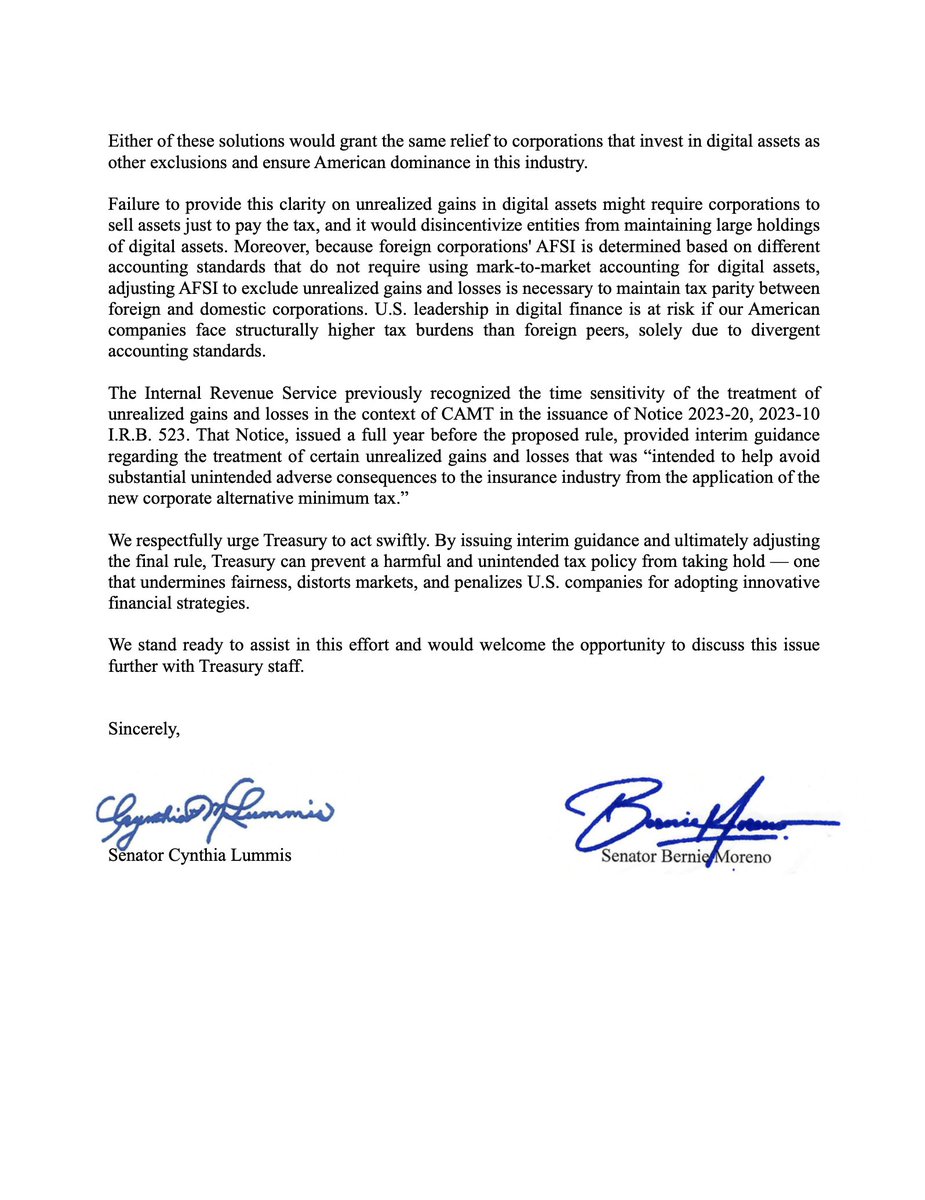 Senators Lummis and Moreno Urge U.S. Treasury to Eliminate Tax on Unrealized Gains for Bitcoin and Digital Assets