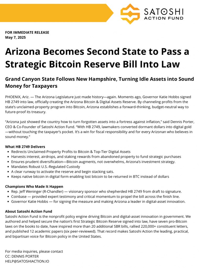 Arizona Becomes Second US State to Establish Bitcoin Reserve Fund Securing Unclaimed Digital Assets; Texas Awaits Governor's Signature