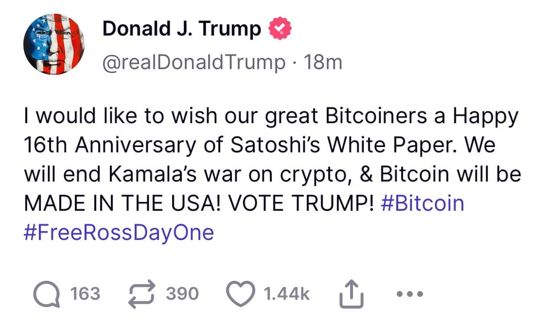 Trump Marks Bitcoin's 16th Anniversary, Vows to End Crypto War and Free Ross