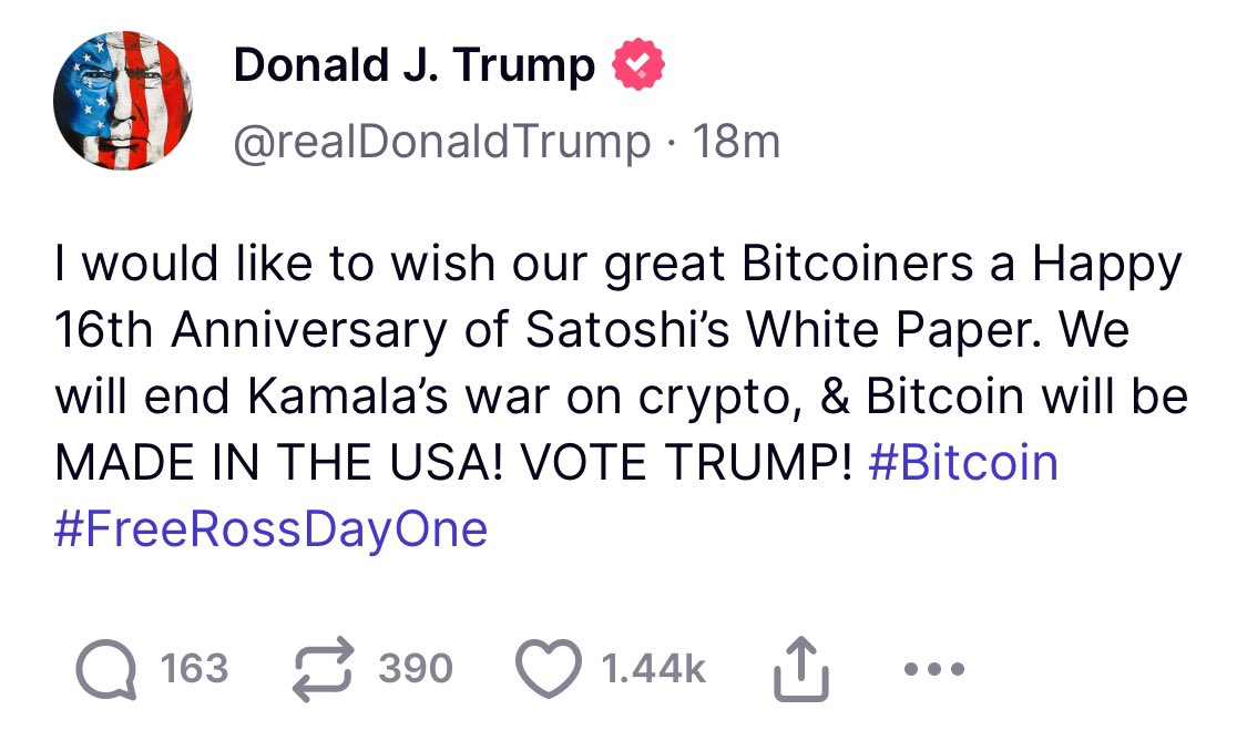 Trump Marks Bitcoin's 16th Anniversary, Vows to End Crypto War and Free Ross