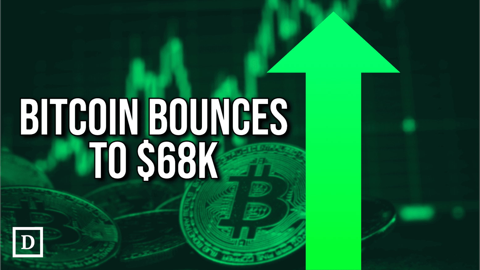 bitcoins with green arrow
