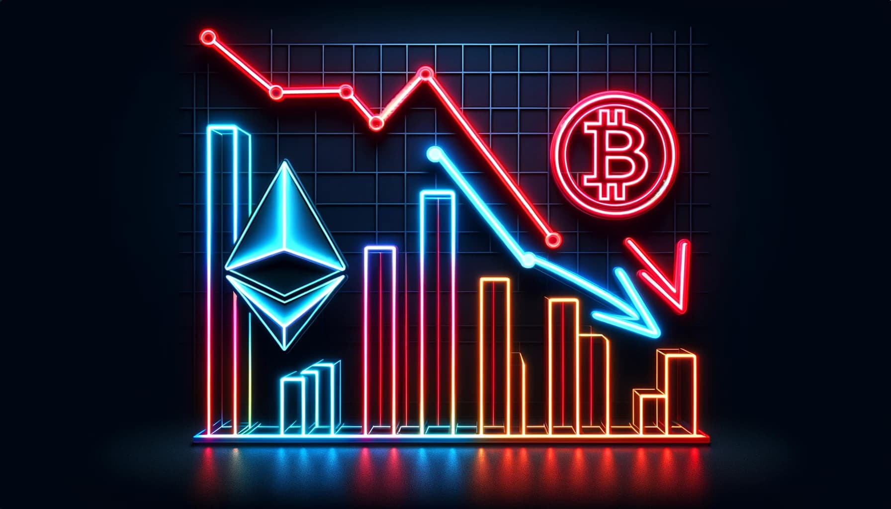 downward-trending arrows and bar graphs, glowing in neon red and blue against a dark background