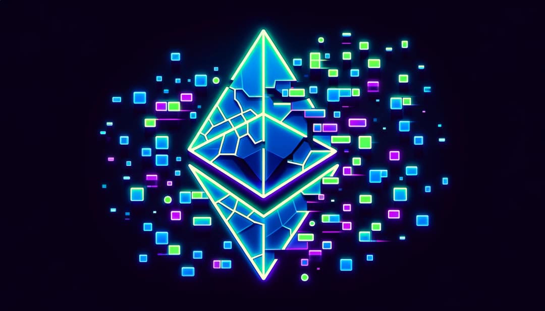Ethereum symbols broken into pieces and arranged in a fragmented pattern