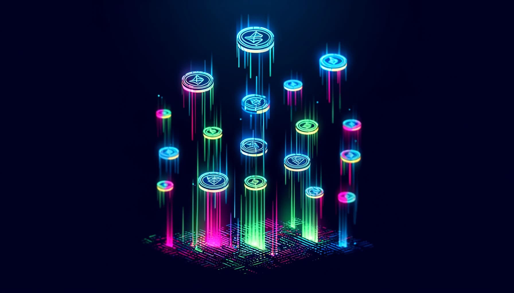 stylized digital tokens falling from the sky