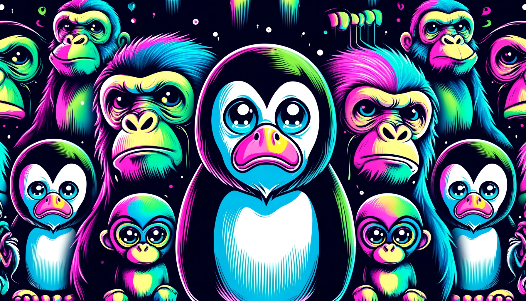 depiction of sad penguins and apes
