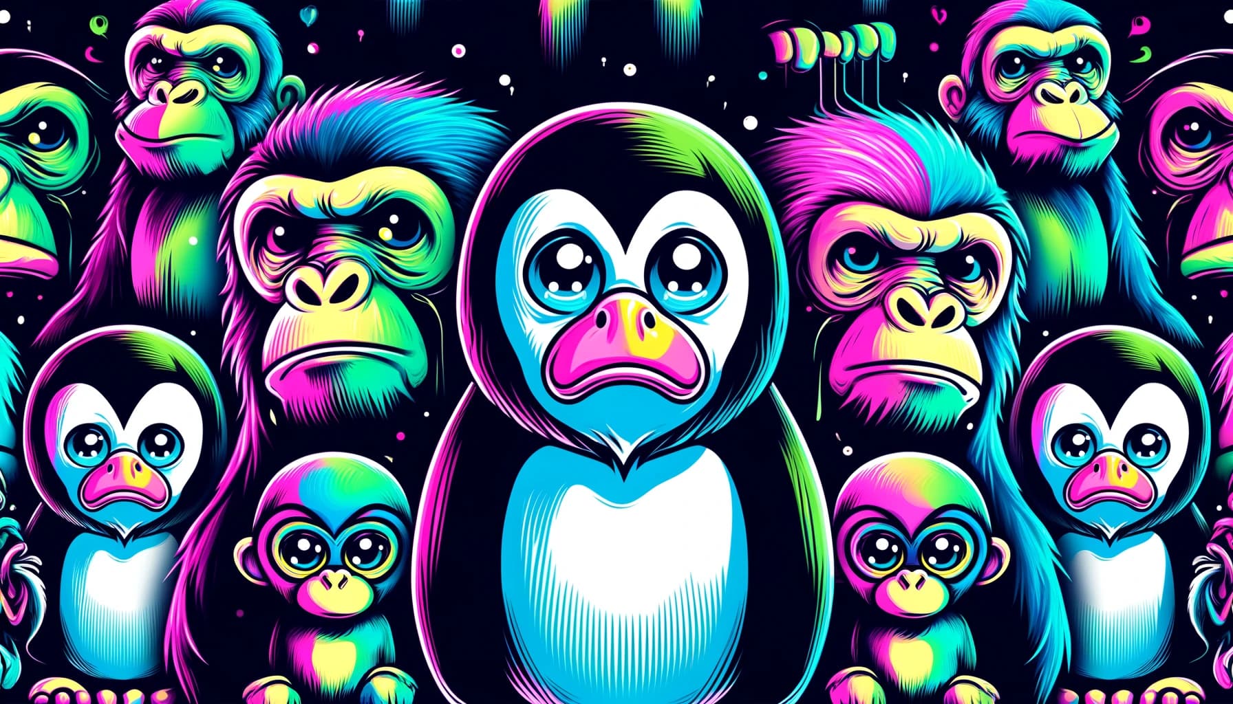 depiction of sad penguins and apes