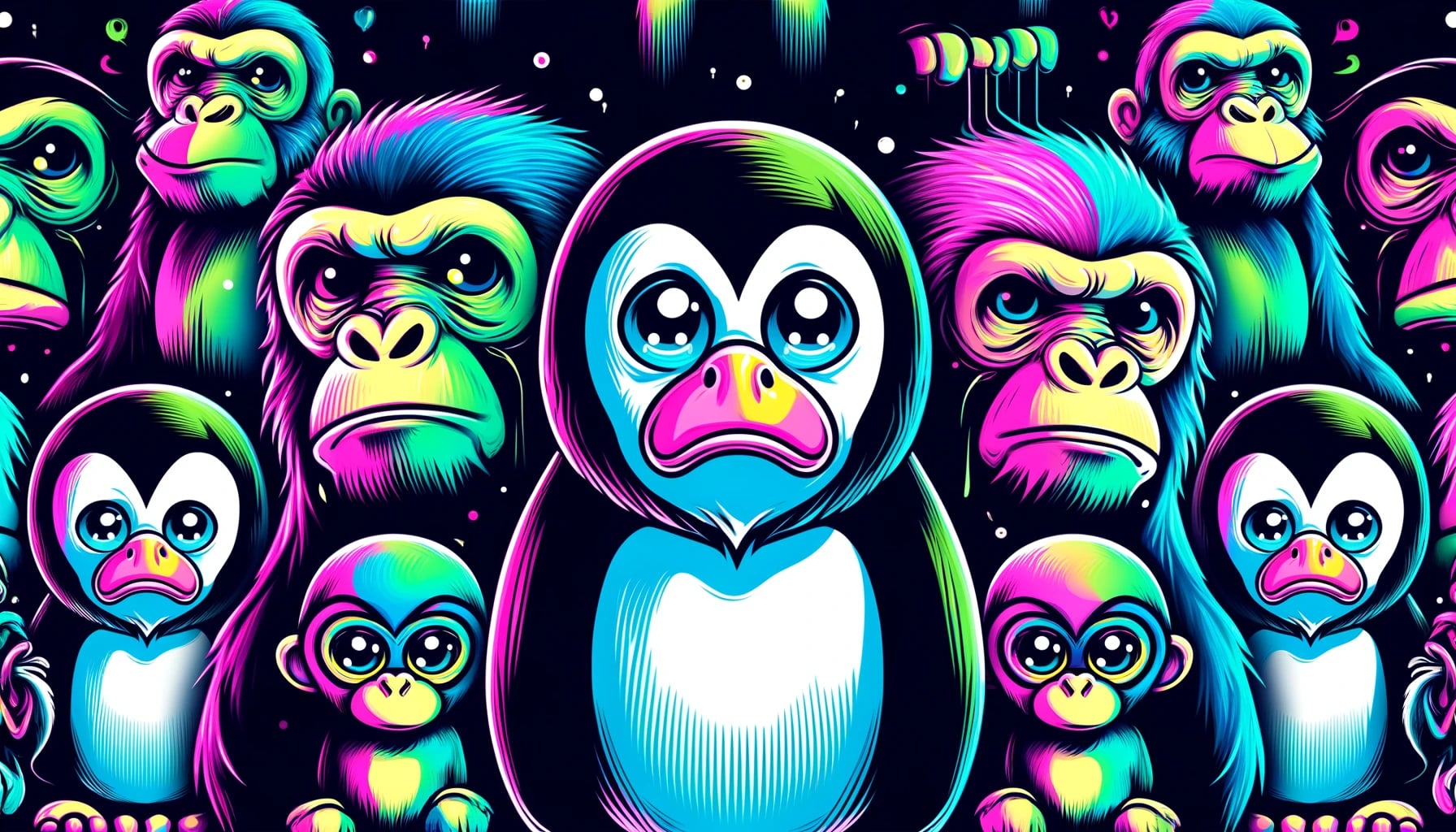 depiction of sad penguins and apes