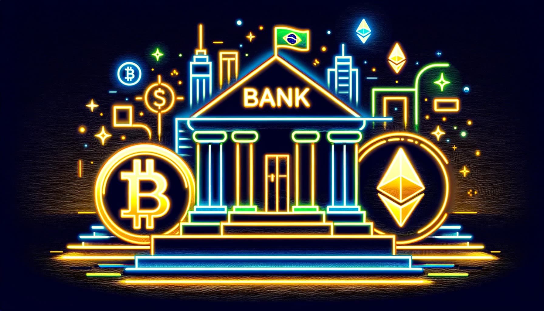stylized representations of Bitcoin and Ethereum logos alongside a bank building with Brazilian elements