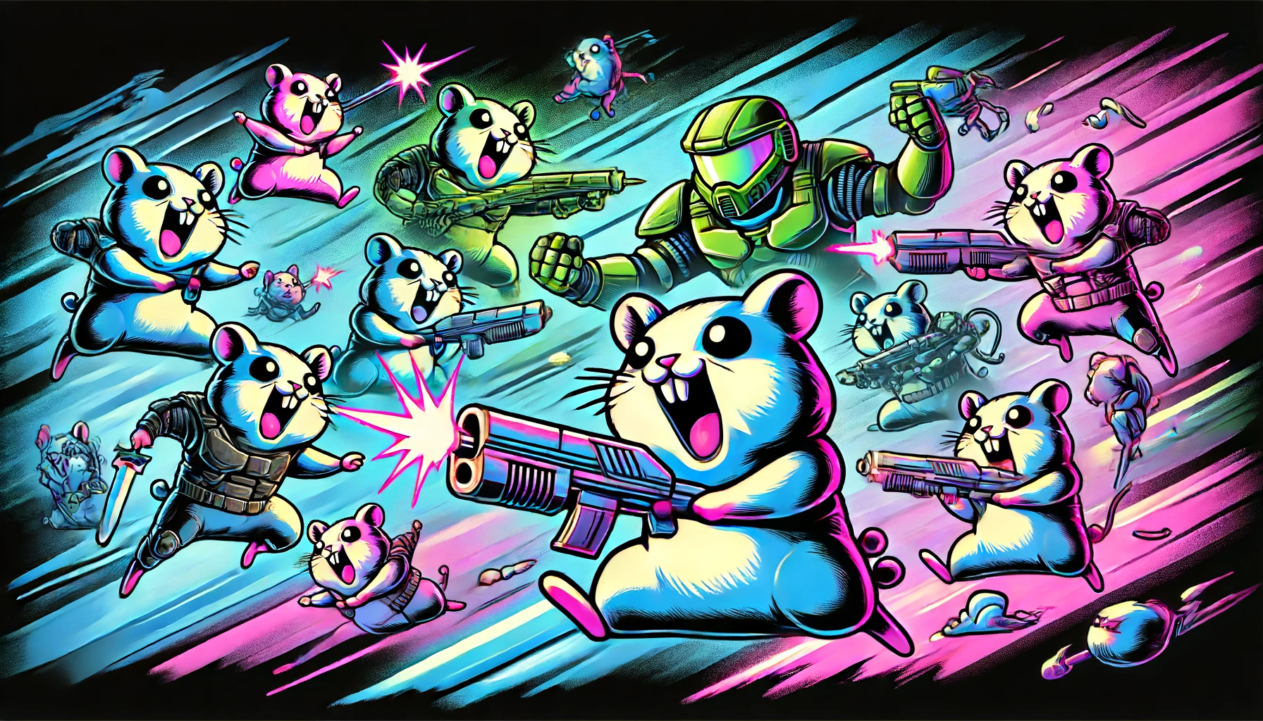 hamsters with neon-colored armor and weapons