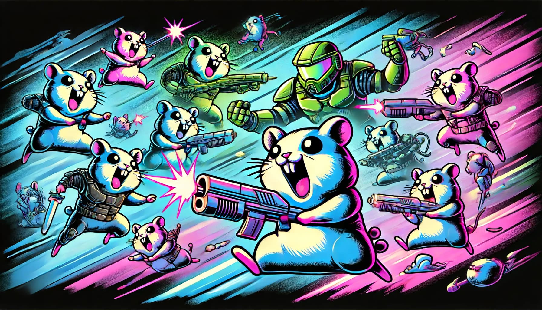 hamsters with neon-colored armor and weapons
