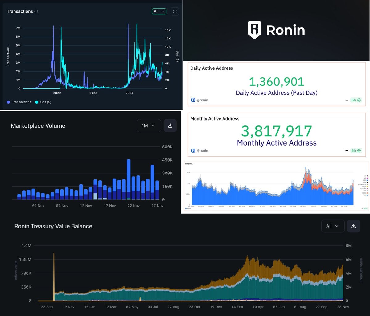 Ronin Network Reports Growth with $1.2B TVL, 10.2M Weekly Transactions, and $395K Daily NFT Volume