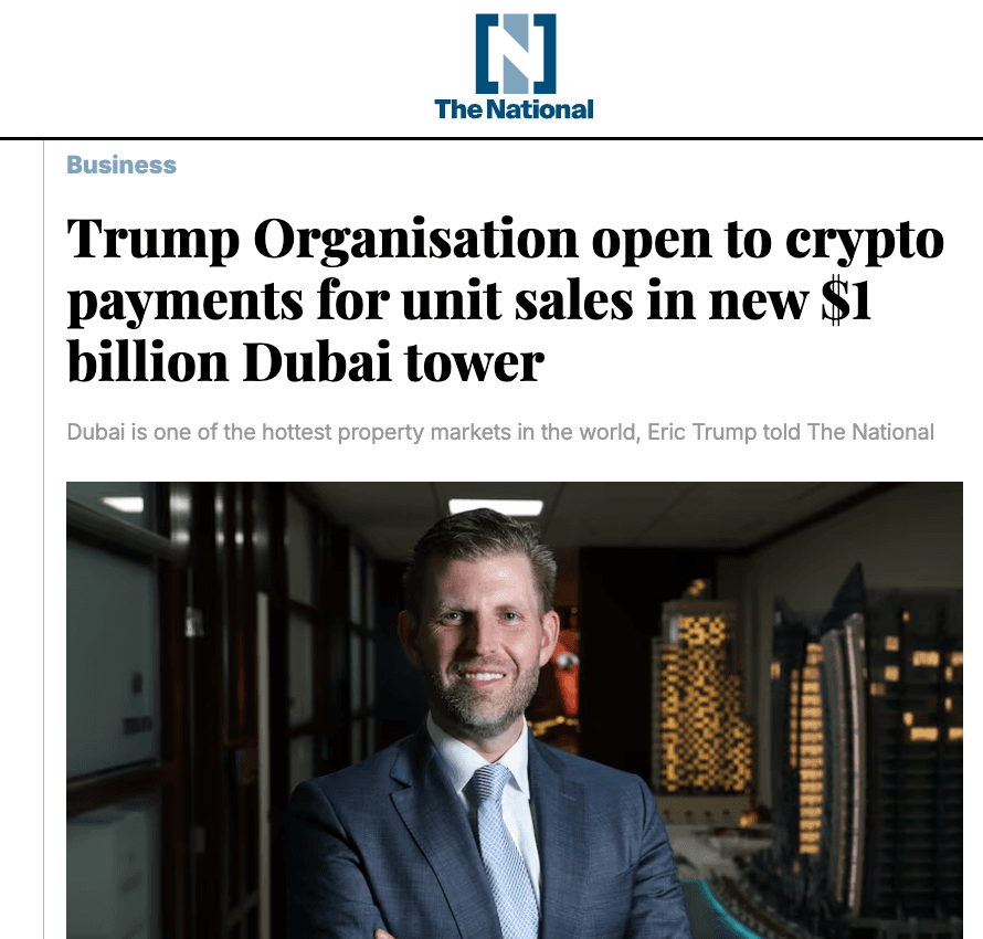 Eric Trump Announces Cryptocurrency Payments for $1 Billion Dubai Tower's Luxury Apartments