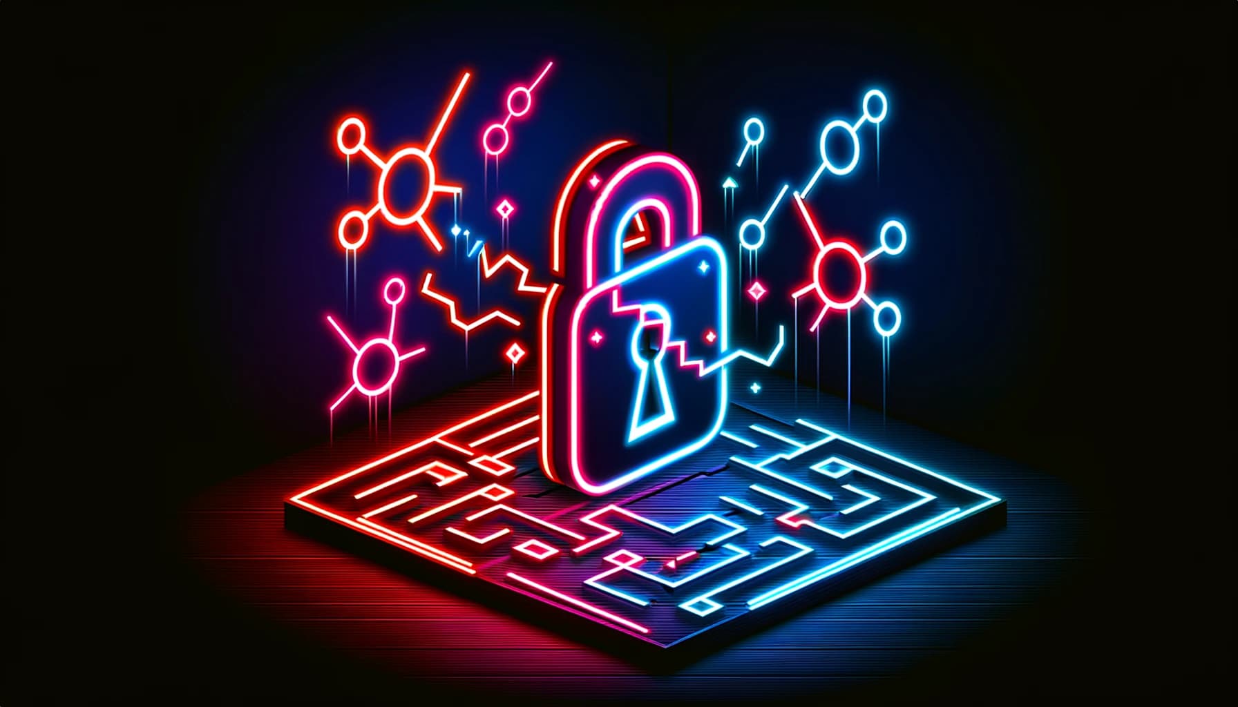 stylized digital symbols and broken chains glowing in neon colors