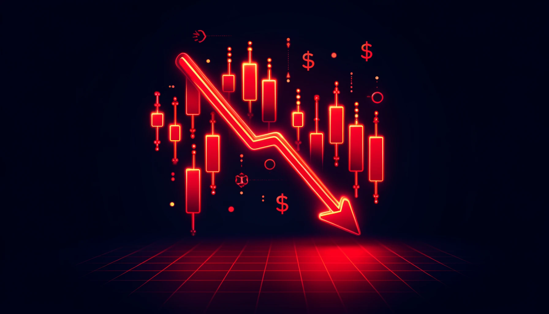 downward-trending arrows and falling bar graphs