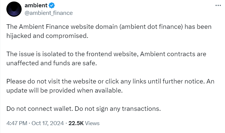 Ambient Finance Hacked, Users Warned of ETH Drain After Five Hours
