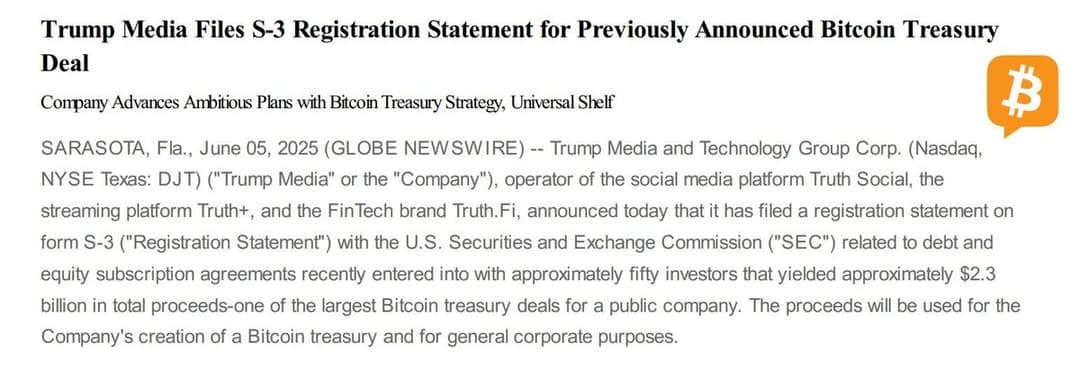 Trump Media Files S-3 Registration With US SEC for Its $2.3 Billion Bitcoin Treasury Deal, One of Largest Crypto Disclosures